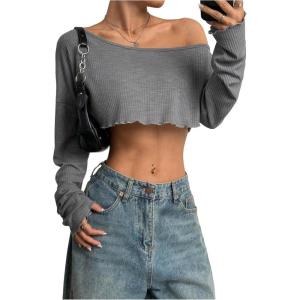 imageWomens Asymmetrical Off Shoulder Crop Tops Long Sleeve Ribbed Knit Lettuce Trim T ShirtsSolid Grey