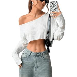 imageWomens Asymmetrical Off Shoulder Crop Tops Long Sleeve Ribbed Knit Lettuce Trim T ShirtsWhite