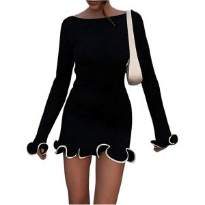 imageWomens Boat Neck Ruffle Wave Edge Bodycon Pencil Dress Long Sleeve Party Night Out Mini DressesBlack