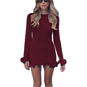 imageWomens Boat Neck Ruffle Wave Edge Bodycon Pencil Dress Long Sleeve Party Night Out Mini DressesBurgundy