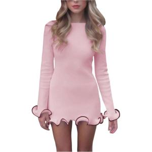 imageWomens Boat Neck Ruffle Wave Edge Bodycon Pencil Dress Long Sleeve Party Night Out Mini DressesPink