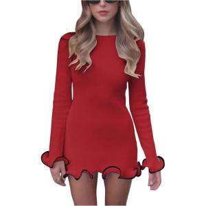 imageWomens Boat Neck Ruffle Wave Edge Bodycon Pencil Dress Long Sleeve Party Night Out Mini DressesRed