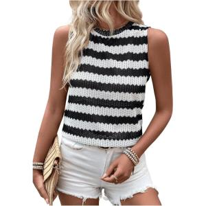 imageWomens Boho Tank Tops 2024 Causal Summer Sleeveless Vest Tops Geo Print Crewneck ShirtsBlack and White