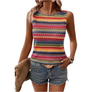 imageWomens Boho Tank Tops 2024 Causal Summer Sleeveless Vest Tops Geo Print Crewneck ShirtsMulticolor