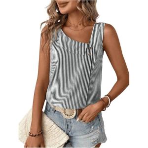 imageWomens Button Asymmetrical V Neck Striped Print Blouses Casual Sleeveless Tank Top Summer Shirt TopsBlack and White