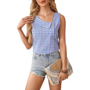 imageWomens Button Asymmetrical V Neck Striped Print Blouses Casual Sleeveless Tank Top Summer Shirt TopsBlue With White