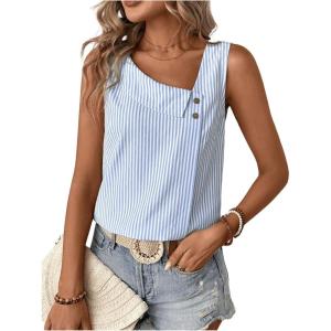 imageWomens Button Asymmetrical V Neck Striped Print Blouses Casual Sleeveless Tank Top Summer Shirt TopsBlue and White