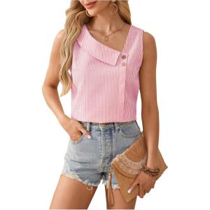 imageWomens Button Asymmetrical V Neck Striped Print Blouses Casual Sleeveless Tank Top Summer Shirt TopsStriped Pink
