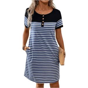 imageWomens Casual Summer Dresses 2025 Short Sleeve Crewneck Striped Button Front Mini Tshirt Dress with PocketsDark Blue