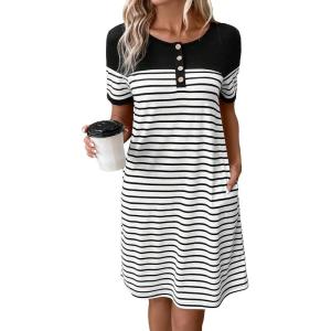 imageWomens Casual Summer Dresses 2025 Short Sleeve Crewneck Striped Button Front Mini Tshirt Dress with PocketsWhite