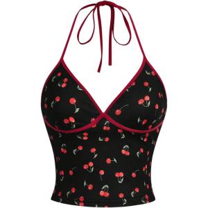 imageWomens Cherry Print Halter Camisole Tops Backless Slim Fit Crop Tops Coquette Streetwear Going Out Cami TopsBlack