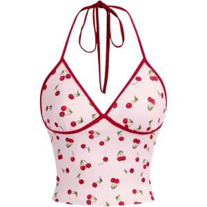 imageWomens Cherry Print Halter Camisole Tops Backless Slim Fit Crop Tops Coquette Streetwear Going Out Cami TopsPink