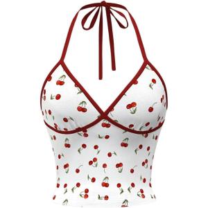 imageWomens Cherry Print Halter Camisole Tops Backless Slim Fit Crop Tops Coquette Streetwear Going Out Cami TopsWhite