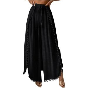 imageWomens Drawstring Waist Slit Bathing Suit Cover Up Swim Pants Sheer Tie Front Swim Cover Ups SwimwearBlack