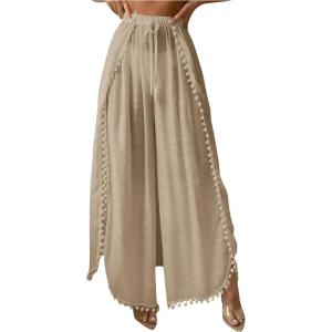 imageWomens Drawstring Waist Slit Bathing Suit Cover Up Swim Pants Sheer Tie Front Swim Cover Ups SwimwearKhaki