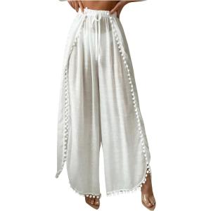 imageWomens Drawstring Waist Slit Bathing Suit Cover Up Swim Pants Sheer Tie Front Swim Cover Ups SwimwearWhite