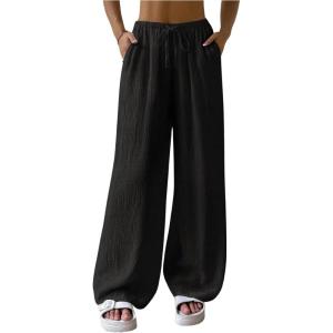 imageWomens Elastic Drawstring Waist Wide Leg Pants Loose Fit Sheer Cover Up Beach Pants Lounge with PocketBlack