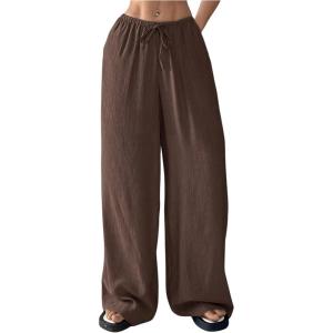 imageWomens Elastic Drawstring Waist Wide Leg Pants Loose Fit Sheer Cover Up Beach Pants Lounge with PocketBrown