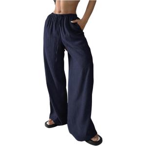 imageWomens Elastic Drawstring Waist Wide Leg Pants Loose Fit Sheer Cover Up Beach Pants Lounge with PocketDeep Blue