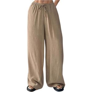 imageWomens Elastic Drawstring Waist Wide Leg Pants Loose Fit Sheer Cover Up Beach Pants Lounge with PocketKhaki