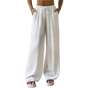 imageWomens Elastic Drawstring Waist Wide Leg Pants Loose Fit Sheer Cover Up Beach Pants Lounge with PocketWhite
