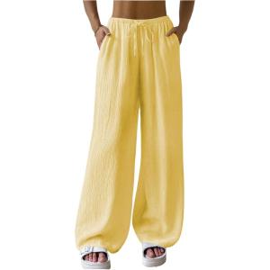 imageWomens Elastic Drawstring Waist Wide Leg Pants Loose Fit Sheer Cover Up Beach Pants Lounge with PocketYellow
