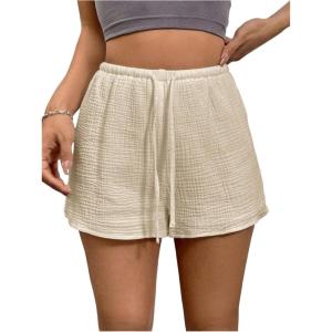 imageWomens Elastic High Waisted Track Shorts Casual Wide Leg Textured Drawstring Mini ShortsApricot