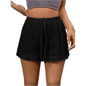 imageWomens Elastic High Waisted Track Shorts Casual Wide Leg Textured Drawstring Mini ShortsBlack