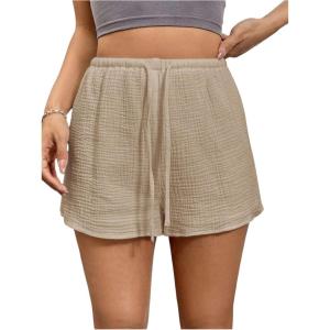 imageWomens Elastic High Waisted Track Shorts Casual Wide Leg Textured Drawstring Mini ShortsDeep Khaki