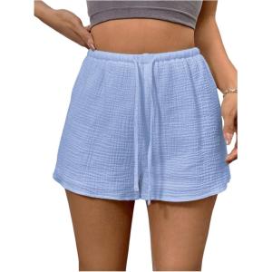 imageWomens Elastic High Waisted Track Shorts Casual Wide Leg Textured Drawstring Mini ShortsLight Blue