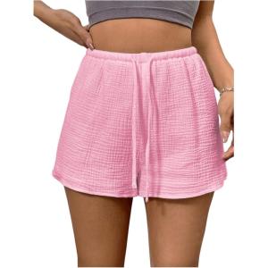imageWomens Elastic High Waisted Track Shorts Casual Wide Leg Textured Drawstring Mini ShortsLight Pink