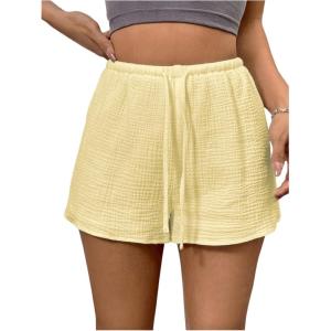imageWomens Elastic High Waisted Track Shorts Casual Wide Leg Textured Drawstring Mini ShortsMustard Yellow