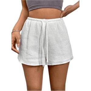 imageWomens Elastic High Waisted Track Shorts Casual Wide Leg Textured Drawstring Mini ShortsWhite