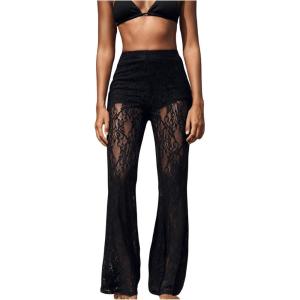 imageWomens Floral Lace Sheer Mesh Flare Pants Elastic High Waisted Long TrousersBlack