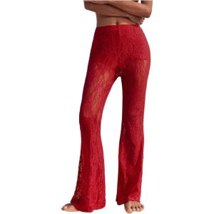 imageWomens Floral Lace Sheer Mesh Flare Pants Elastic High Waisted Long TrousersRed