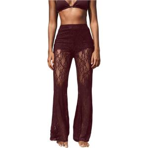 imageWomens Floral Lace Sheer Mesh Flare Pants Elastic High Waisted Long TrousersRedwood
