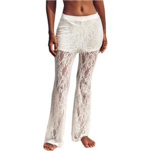 imageWomens Floral Lace Sheer Mesh Flare Pants Elastic High Waisted Long TrousersWhite