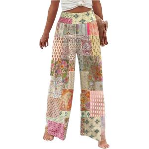 imageWomens Floral Print Wide Leg Baggy Pants Boho Elastic High Rise Summer Long TrousersMulticolor
