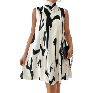imageWomens High Neck Tie Back Graphic Casual Tank Dresses Sleeveless Swing Flowy A Line DressMulticolor