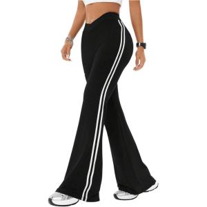 imageWomens High Waist V Crossover Flare Pants Letter Striped Bell Bottoms Workout Yoga LeggingsBlack