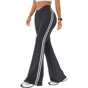 imageWomens High Waist V Crossover Flare Pants Letter Striped Bell Bottoms Workout Yoga LeggingsDark Grey