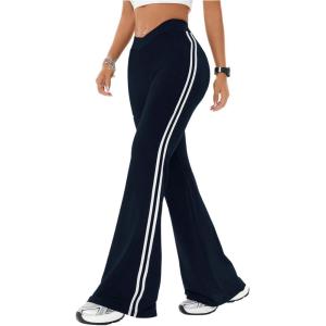 imageWomens High Waist V Crossover Flare Pants Letter Striped Bell Bottoms Workout Yoga LeggingsDeep Blue