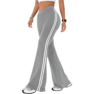 imageWomens High Waist V Crossover Flare Pants Letter Striped Bell Bottoms Workout Yoga LeggingsGrey
