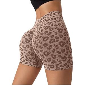 imageWomens Leopard Print High Waisted Sports Biker Shorts Tummy Control Stretchy ShortsBrown