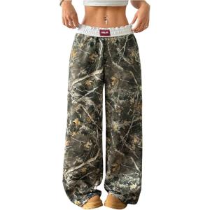 imageWomens Letter Leopard Print Straight Leg Pants Elastic Waist Y2K Trousers Bottoms with PocketsArmy Green