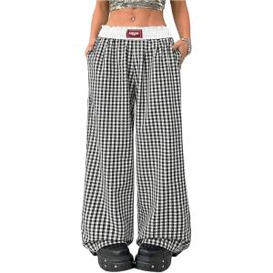 imageWomens Letter Leopard Print Straight Leg Pants Elastic Waist Y2K Trousers Bottoms with PocketsBlack