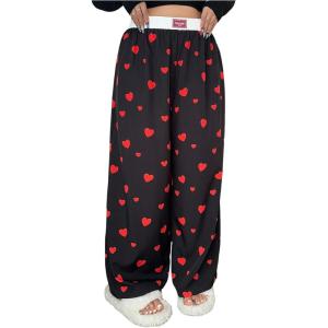 imageWomens Letter Leopard Print Straight Leg Pants Elastic Waist Y2K Trousers Bottoms with PocketsBlack Heart