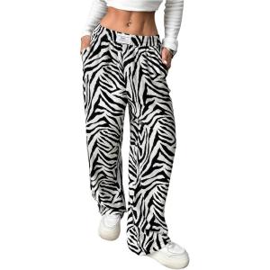 imageWomens Letter Leopard Print Straight Leg Pants Elastic Waist Y2K Trousers Bottoms with PocketsBlack Zebra