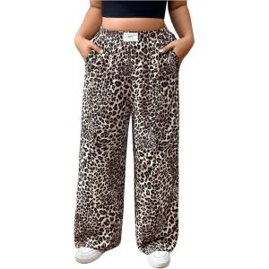 imageWomens Letter Leopard Print Straight Leg Pants Elastic Waist Y2K Trousers Bottoms with PocketsDeep Brown