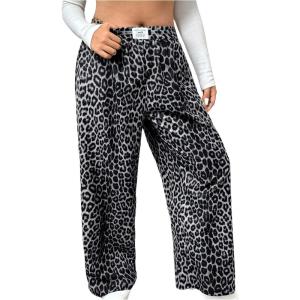imageWomens Letter Leopard Print Straight Leg Pants Elastic Waist Y2K Trousers Bottoms with PocketsDeep Grey